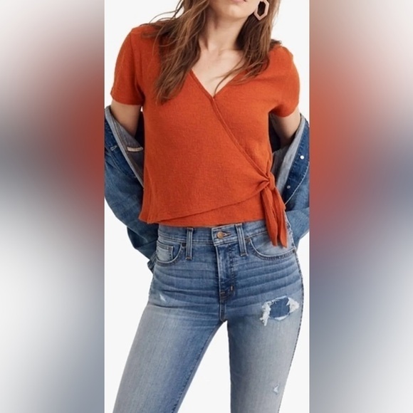 Madewell  Women’s Burnt Orange Tangerine Texture & Thread Wrap-Tie Top Medium - Picture 1 of 14